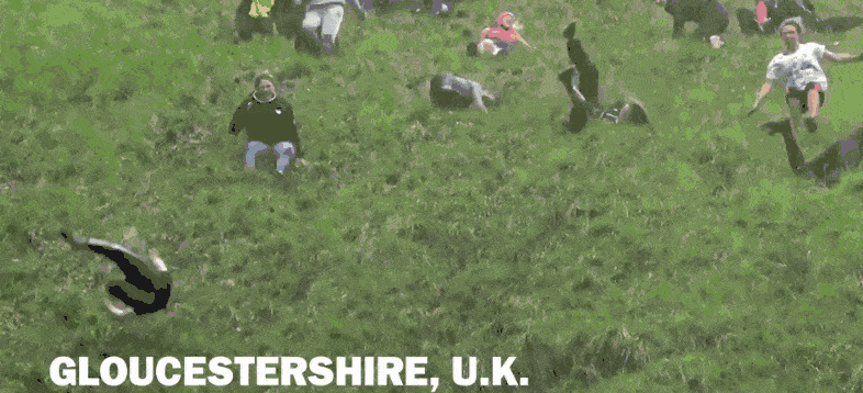 cheese rolling race reversed gif funny