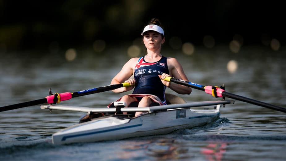 A girl has a rowing training 